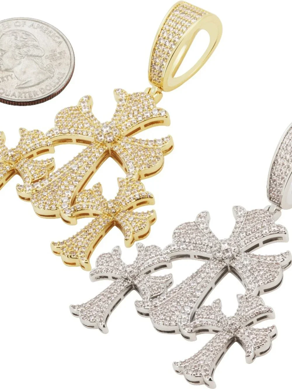 14k Yellow/White Gold Plated AAA Cubic Zirconia Flared Triple Cross Pendant